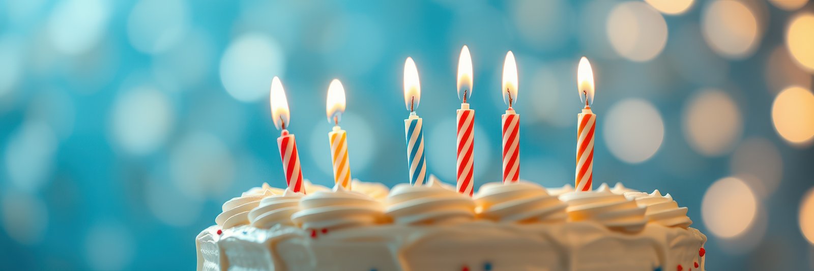 Celebration cake adorned with lit candles against a festive blue background during a special occasion